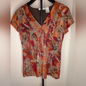 Worthington Vibrant Leaf Print Blouse - Orange & Red - Size L
